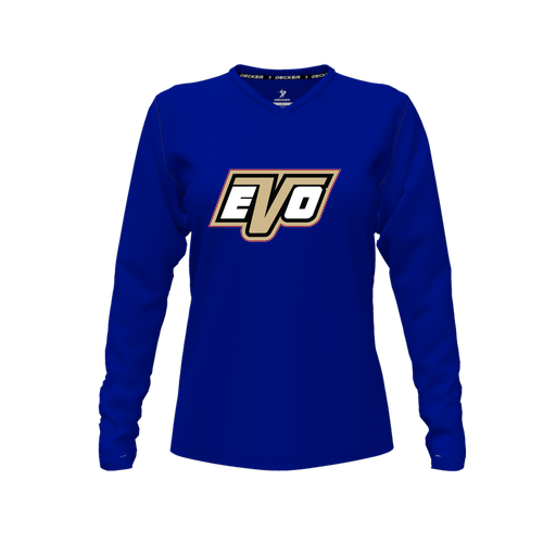 [CUS-DFW-TEES-CMF-VNK-LSL-RYL-FYXS-LOGO1] Decker Comfort T-Shirt (Female Youth XS, Royal, V Neck, Logo 1, Long Sleeve)
