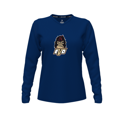 [CUS-DFW-TEES-CMF-VNK-LSL-NVY-FYXS-LOGO2] Decker Comfort T-Shirt (Female Youth XS, Navy, V Neck, Logo 2, Long Sleeve)