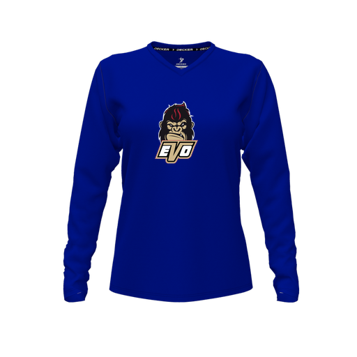 [CUS-DFW-TEES-CMF-VNK-LSL-RYL-FYXS-LOGO2] Decker Comfort T-Shirt (Female Youth XS, Royal, V Neck, Logo 2, Long Sleeve)