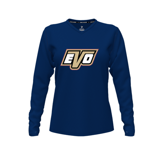 [CUS-DFW-TEES-PER-VNK-LSL-NVY-FYXS-LOGO1] Performance T-Shirt (Female Youth XS, Navy, V Neck, Logo 1, Long Sleeve)