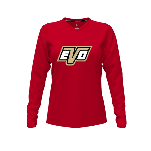 [CUS-DFW-TEES-PER-VNK-LSL-RED-FYXS-LOGO1] Performance T-Shirt (Female Youth XS, Red, V Neck, Logo 1, Long Sleeve)