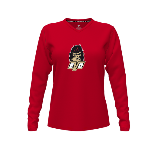 [CUS-DFW-TEES-PER-VNK-LSL-RED-FYXS-LOGO2] Decker Performance T-Shirt (Female Youth XS, Red, V Neck, Logo 2, Long Sleeve)