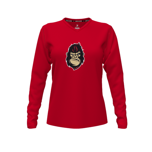 [CUS-DFW-TEES-PER-VNK-LSL-RED-FYXS-LOGO3] Decker Performance T-Shirt (Female Youth XS, Red, V Neck, Logo 3, Long Sleeve)